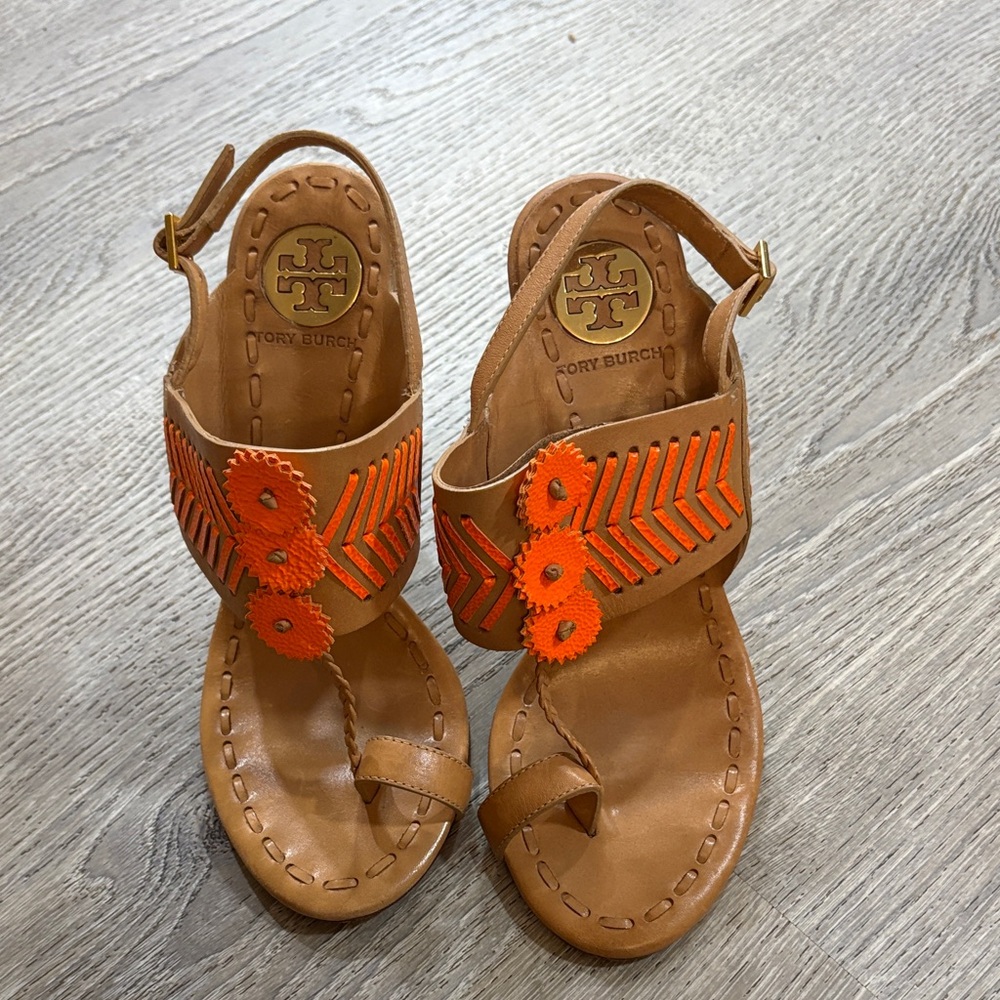 Tory Burch Tan and Orange Embellished Sandals